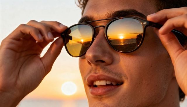 Young man adjusting sunglasses with golden hour sunset reflecting over ocean horizon