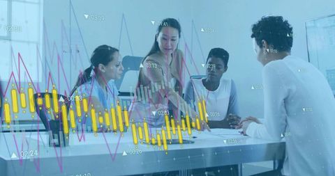 Team of Professionals Analyzing Business Data with Candlestick Graphs