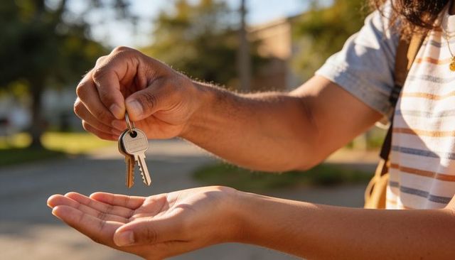 Handing over keys for new home in suburban neighborhood at golden hour