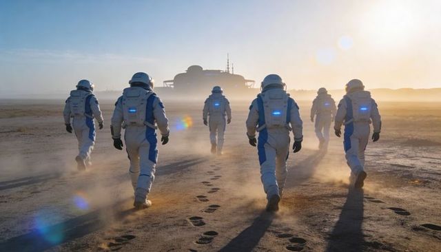 Astronaut Team Trekking Across Dusty Alien Plain Toward Futuristic Landing Craft