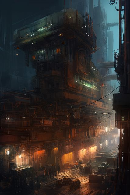 Futuristic urban environment at night featuring glowing neon lights among towering industrial structures. Useful for sci-fi novels, cyberpunk fiction, and gaming artwork. Ideal for illustrating high-tech and dystopian themes in advertisements, digital art, and entertainment industry backgrounds.