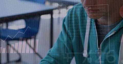 Teen Student Studying with Augmented Reality HUD Overlays in Cafeteria Wearing Teal Hoodie