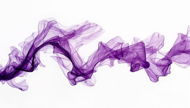 Ethereal purple ribbon of translucent smoke flowing across bright white backdrop