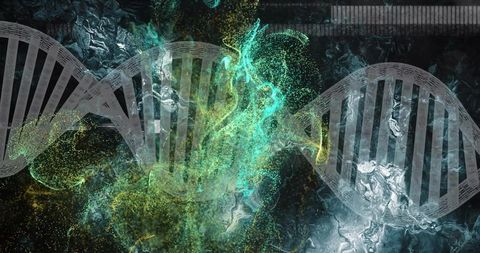 Glowing dna helix floating through teal particle nebula over dark abstract matrix