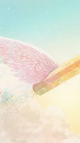 Golden Winged Rod Gliding Through Pastel Sky, Trailing Paint Ribbons — Vertical Fantasy Clip