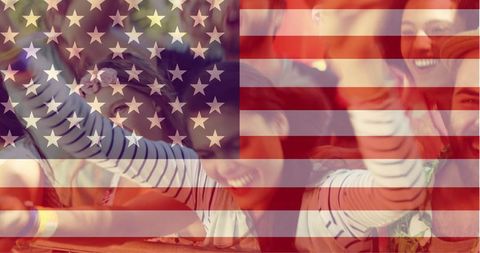 Young People Enjoying Music Festival Celebration with American Flag Overlay