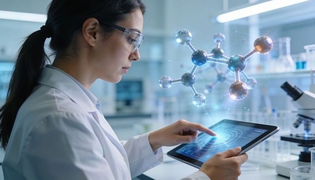Asian scientist examining ar molecular model on tablet in modern laboratory research hub