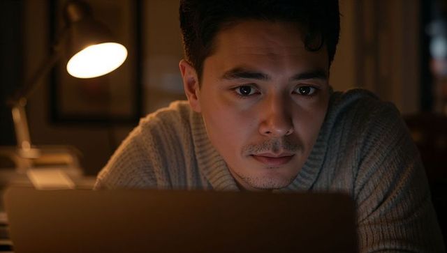 Young man working late on laptop in cozy dim home office with warm desk lamp glow, focused