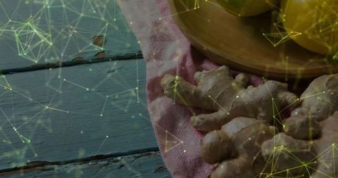 Ginger and Lemons on Rustic Surface with Digital Technology Overlay