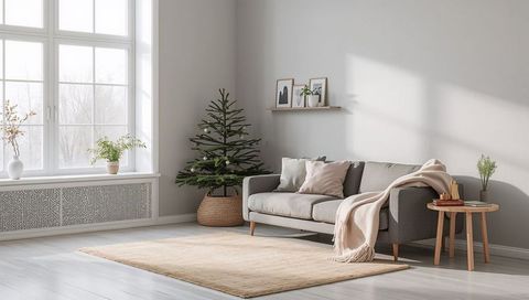 Minimalist scandinavian living room with gray sofa, cozy throw, natural daylight, greenery