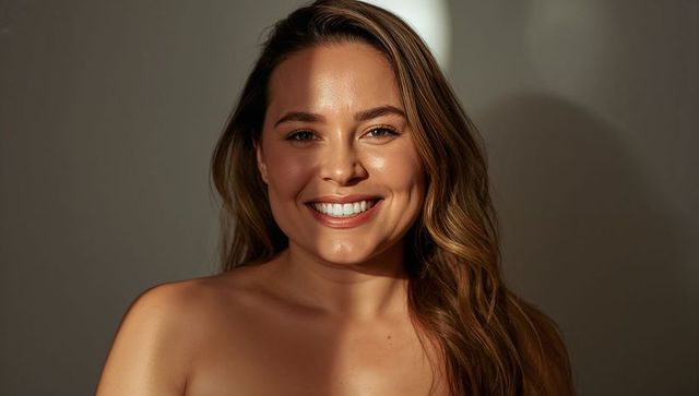 Smiling brunette woman glowing with natural radiance, bare shoulders, wavy hair portrait