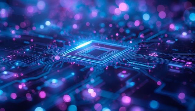 Emerging Technology Scene with Glowing Circuit Board and Chip Design