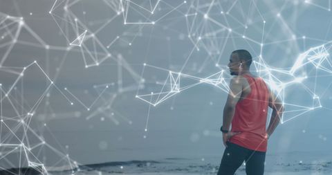 Male Athlete Resting Amid Digital Network Overlay