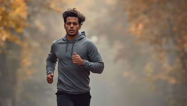 Focused male runner training in autumn mist on forest jogging path