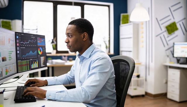 Business analyst analyzing data dashboards on dual monitors in modern bright office