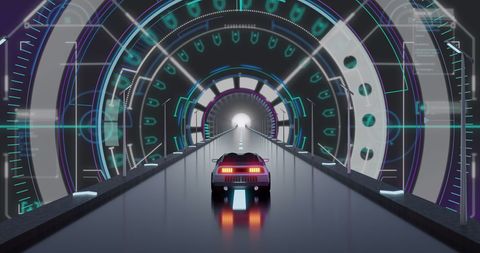 Futuristic Car in Digital Tunnel with Binary Code Overlays