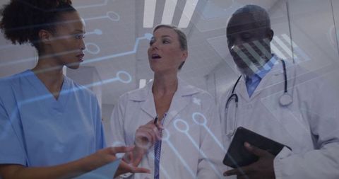 Healthcare Professionals Collaborating Innovatively with Technology Overlay