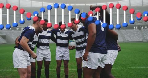 Rugby Team Huddle with Digital DNA Overlay in Stadium