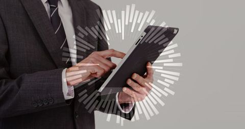 Executive tapping tablet with radial data visualization and digital analytics overlay