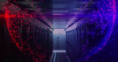 Image showcasing a futuristic scene with vibrant digital patterns depicting a virtual globe overlaying a server room. The combination of technology and global connectivity suggests themes of innovation, cybersecurity, and digital transformation. Ideal for illustrating concepts related to global networking, computing, or data storage in presentations, advertisements, and tech-related communications.