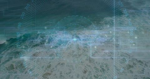 Scanning Ocean Surface with Futuristic HUD Overlay Showing Drone Mapping and Waypoints
