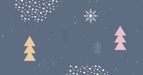 Minimalist Winter Scene with Snowy Christmas Trees and Snowflakes