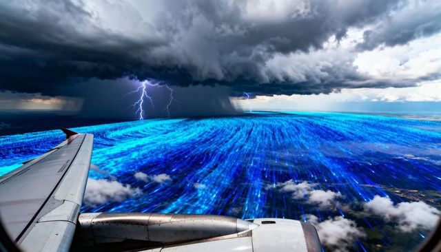 Airliner wing approaching lightning storm over electric-blue weather visualization