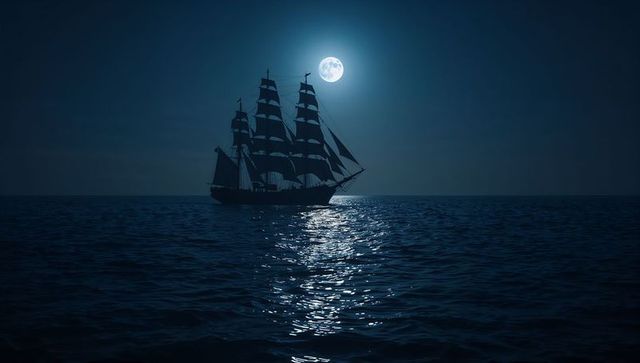 Three-masted ship silhouette gliding across ocean by moonlight