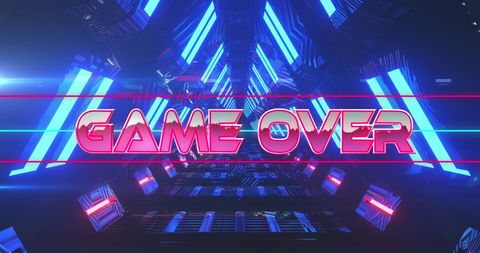 Game over neon text with futuristic digital tunnel
