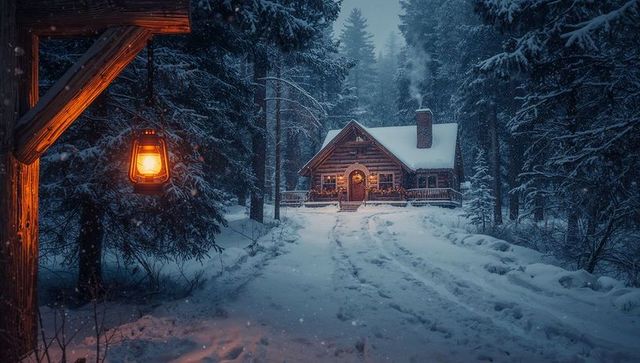 Cozy log cabin glowing in snowy forest twilight with lantern and smoke