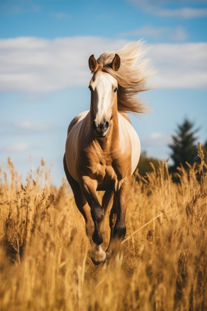Brown horse galloping in field on sunny day, created using generative ai technology. Horse, animal, nature, freedom and movement concept digitally generated image.
