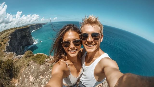 Young couple smiling while taking selfie on coastal cliff overlooking turquoise ocean horizon