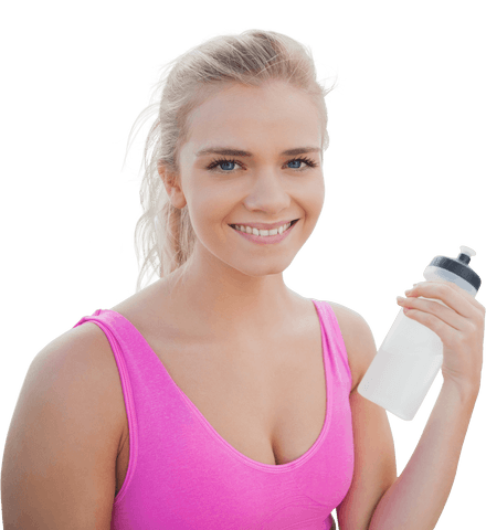 Smiling Fit Woman Holding Water Bottle Isolated on Transparent Background