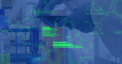 Scientist in Laboratory with Complex Data Holograms Overlay