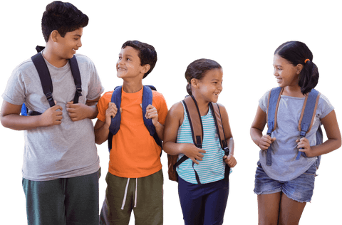 Happy and Diverse Kids with Backpacks on Transparent Background