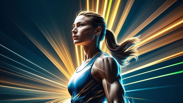 Depicts a confident and strong female athlete showcasing her impressive toned muscles in a sports tank top, surrounded by dynamic light beams. The setting evokes a sense of futurism and power, symbolizing health, vitality, and progress. Ideal for use in health and fitness promotions, sport-themed advertorials, or editorial content on empowerment and modern innovation.