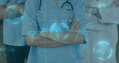 Nurse and doctor embracing global telemedicine, health network, holographic teamwork