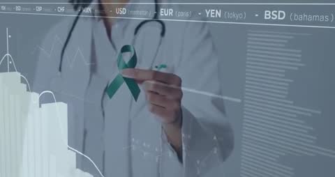 Doctor Holding Awareness Ribbon on Digital Health Data Interface