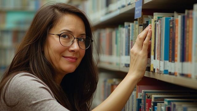 Smiling woman selecting book from library shelf, wearing glasses, warm study atmosphere