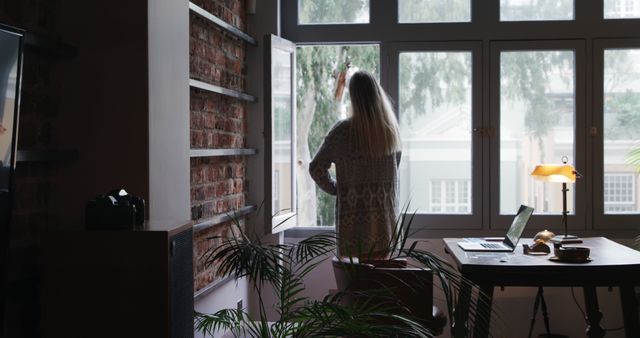 Woman Standing by Window in Cozy Home Office - Download Free Stock Images Pikwizard.com