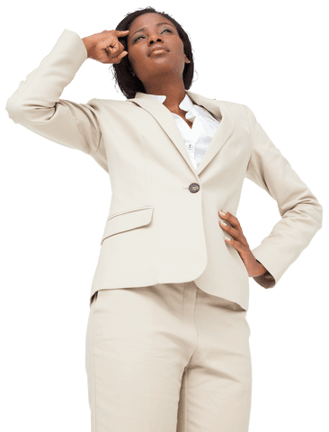 Pensive Businesswoman in Beige Suit on Transparent Background