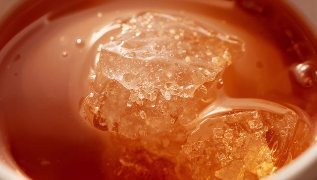Floating amber ice crystals refracting warm light in glass cup macro close-up
