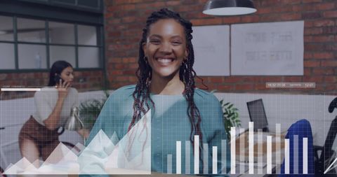 Diverse Business Professional Smiling with Digital Data Overlay