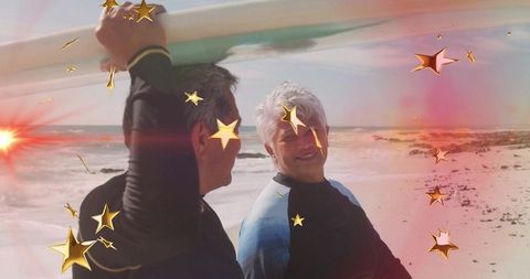 Senior Couple Embracing Surf Adventure at Sandy Beach