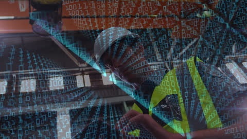 Technician Using Tablet with Digital Data Overlay