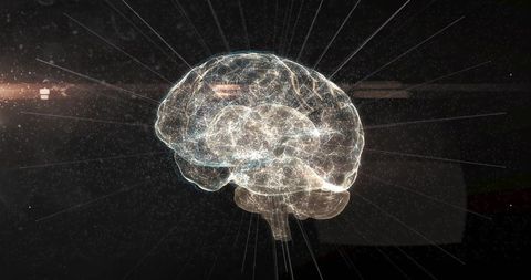 Glowing holographic brain network visualizing neural connections, nodes and data flow