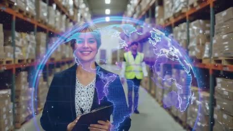 Innovative Logistics Manager with Digital Globe Overlay in Warehouse