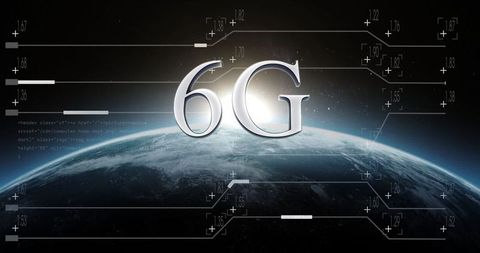 Floating 6g text above earth's horizon with digital hud