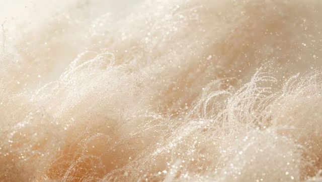 Soft beige fibrous surface shimmering with dewy droplets macro texture for luxury design