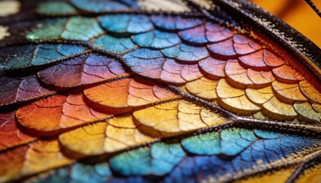 Macro butterfly wing showing iridescent rainbow scales and metallic texture close-up